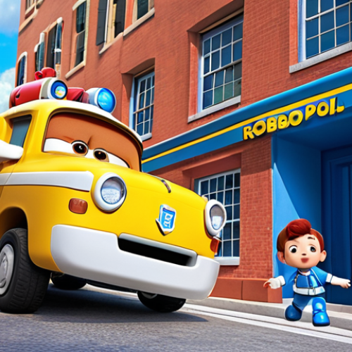 Home 15 ** Robocar Poli and friends (Roy and Amber) rescuing a child from a building. The scene should depict action, teamwork, and courage.
**