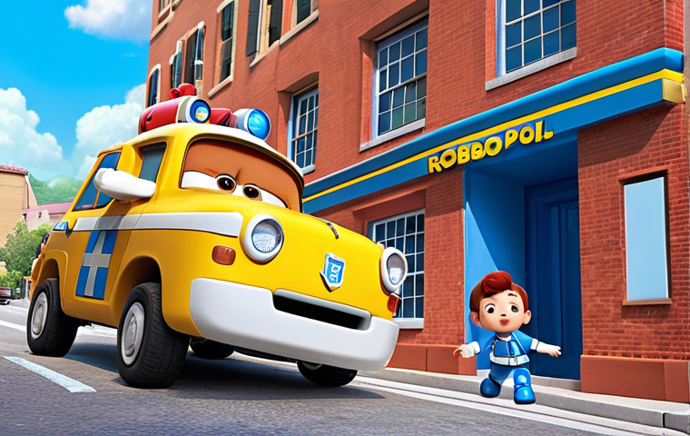 ** Robocar Poli and friends (Roy and Amber) rescuing a child from a building. The scene should depict action, teamwork, and courage.
**
