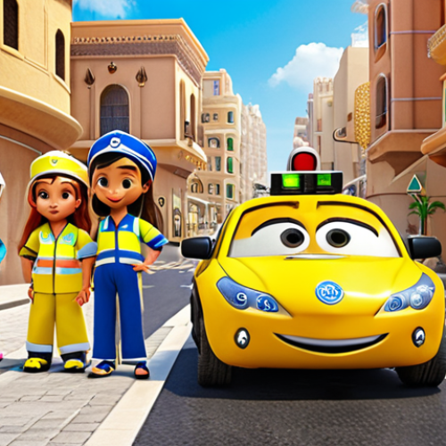 Home 14 **
"Robocar Poli and his rescue team friends (Amber, Roy, Helly) joyfully teaching children about road safety in a bright, modern Arabic city street scene. Children are smiling and learning about traffic lights. Arabic signs are visible. A feeling of positive education and fun."
**