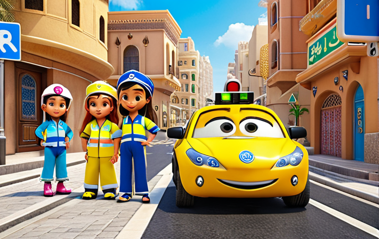 **
"Robocar Poli and his rescue team friends (Amber, Roy, Helly) joyfully teaching children about road safety in a bright, modern Arabic city street scene. Children are smiling and learning about traffic lights. Arabic signs are visible. A feeling of positive education and fun."
**