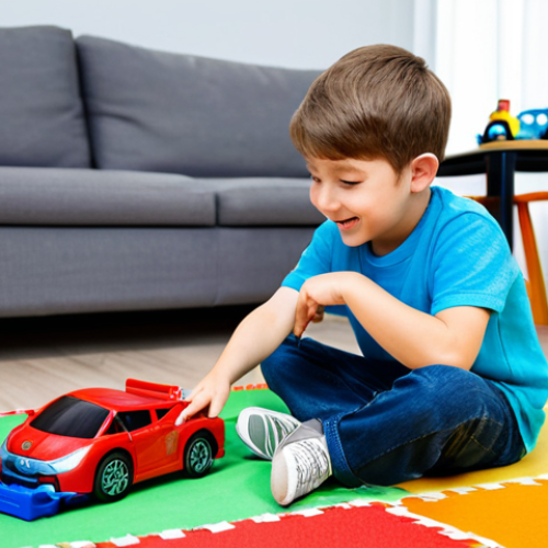 Home 7 A cheerful young boy, fully clothed in modest, comfortable attire, sitting on a colorful playmat in a brightly lit, family-friendly playroom. He is deeply engaged in imaginative play with his "Robocar Poli" transforming toy vehicles, carefully arranging them as if orchestrating a rescue scenario. The scene highlights his focused expression and the vibrant toys, emphasizing creativity and problem-solving. This is a professional image, high quality, with perfect anatomy, correct proportions, natural pose, well-formed hands, proper finger count, natural body proportions, safe for work, and appropriate content.