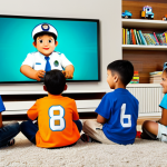 A diverse group of young children, boys and girls aged 5-8, fully clothed in modest, everyday casual wear. They are seated comfortably on a plush carpet, their faces lit up with curious and joyful expressions, gazing intently at a large, modern screen. The screen subtly displays an animated scene featuring friendly, anthropomorphic rescue vehicles (reminiscent of Robocar Poli characters). The setting is a warm, family-friendly living room with soft lighting and bookshelves in the background, subtly hinting at a culturally rich environment. perfect anatomy, correct proportions, natural pose, well-formed hands, proper finger count, natural body proportions, professional photography, high-quality, ultra-detailed, vibrant colors, clear focus. safe for work, appropriate content, fully clothed, family-friendly.