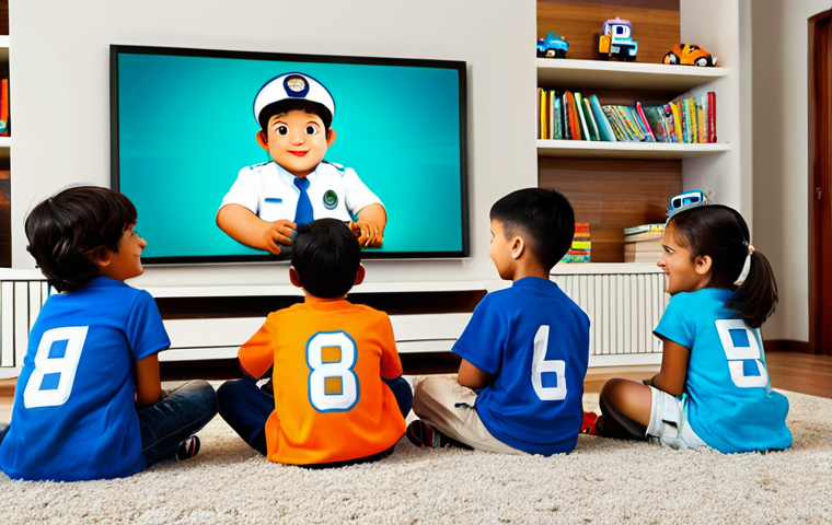 A diverse group of young children, boys and girls aged 5-8, fully clothed in modest, everyday casual wear. They are seated comfortably on a plush carpet, their faces lit up with curious and joyful expressions, gazing intently at a large, modern screen. The screen subtly displays an animated scene featuring friendly, anthropomorphic rescue vehicles (reminiscent of Robocar Poli characters). The setting is a warm, family-friendly living room with soft lighting and bookshelves in the background, subtly hinting at a culturally rich environment. perfect anatomy, correct proportions, natural pose, well-formed hands, proper finger count, natural body proportions, professional photography, high-quality, ultra-detailed, vibrant colors, clear focus. safe for work, appropriate content, fully clothed, family-friendly.