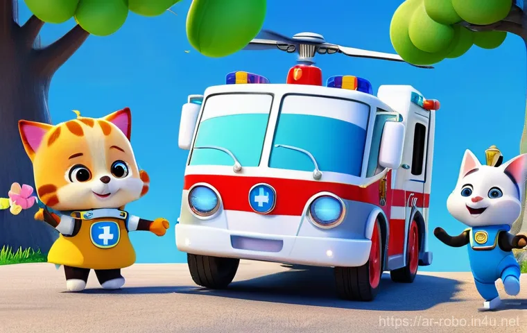 로보카폴리와 어린이의 행복 - **Prompt:** "A vibrant, cheerful scene in Brooms Town, featuring Robocar Poli, Roy the fire truck, A...