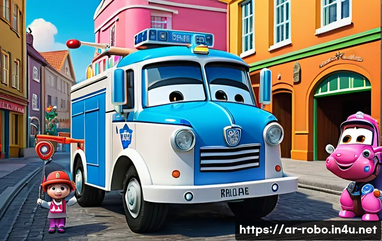 로보카폴리 팬덤 문화 - **"Robocar Poli Rescue Mission in Broomstown"**
    A vibrant, dynamic illustration depicting Poli t...