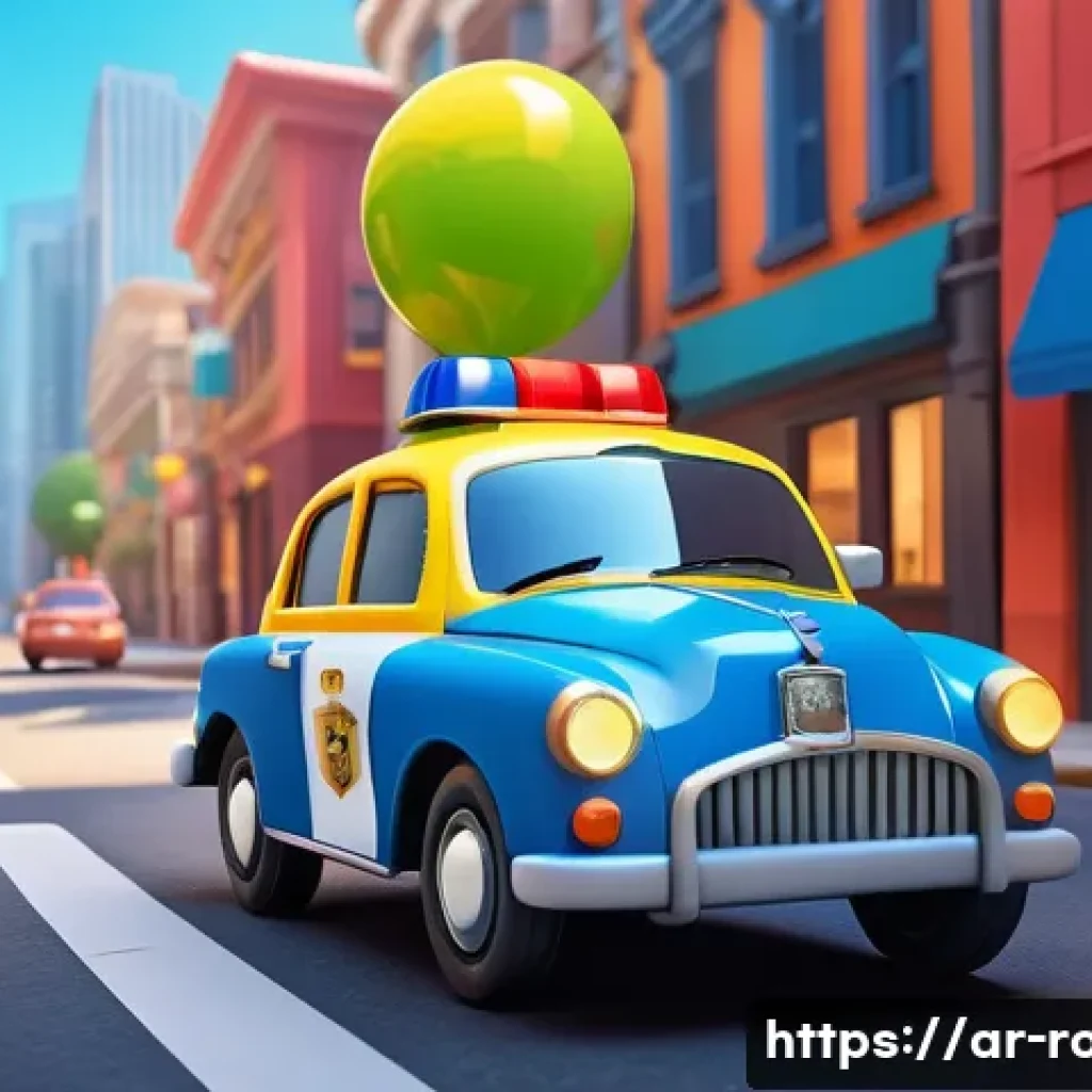 로보카폴리 연출 기법 - A vibrant 3D animated scene featuring a cheerful, brightly colored cartoon police car character desi...