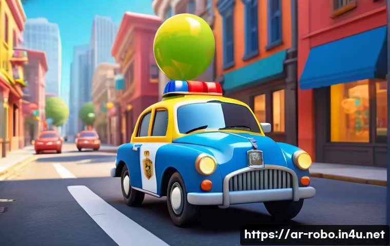 로보카폴리 연출 기법 - A vibrant 3D animated scene featuring a cheerful, brightly colored cartoon police car character desi...