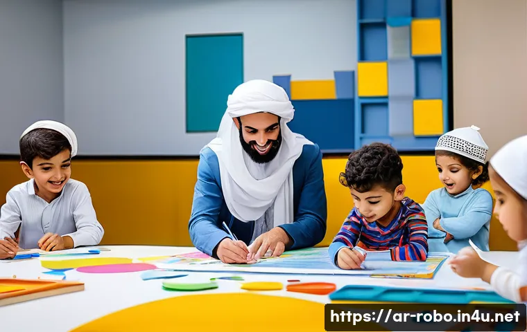 로보카폴리 팬들의 활동과 기여 - A vibrant community workshop scene set in a modern Arabic cultural center, featuring diverse familie...