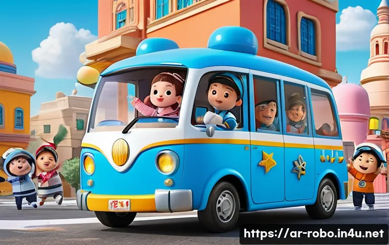 로보카폴리 애니메이션 배경 음악 - A vibrant and colorful scene depicting the main characters of "Robocar Poli" engaged in a musical ad...