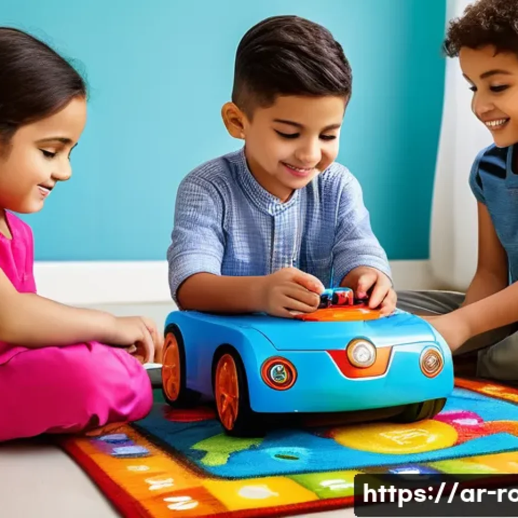 로보카폴리 신규 상품 출시 - A vibrant and colorful playroom scene featuring children aged 3 to 6 playing with interactive roboti...