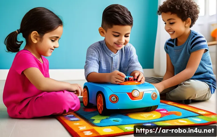 로보카폴리 신규 상품 출시 - A vibrant and colorful playroom scene featuring children aged 3 to 6 playing with interactive roboti...