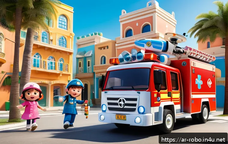 로보카폴리 공식 홈페이지 - A vibrant, colorful scene showing the beloved Robocar Poli characters—Poli the brave team leader, Ro...