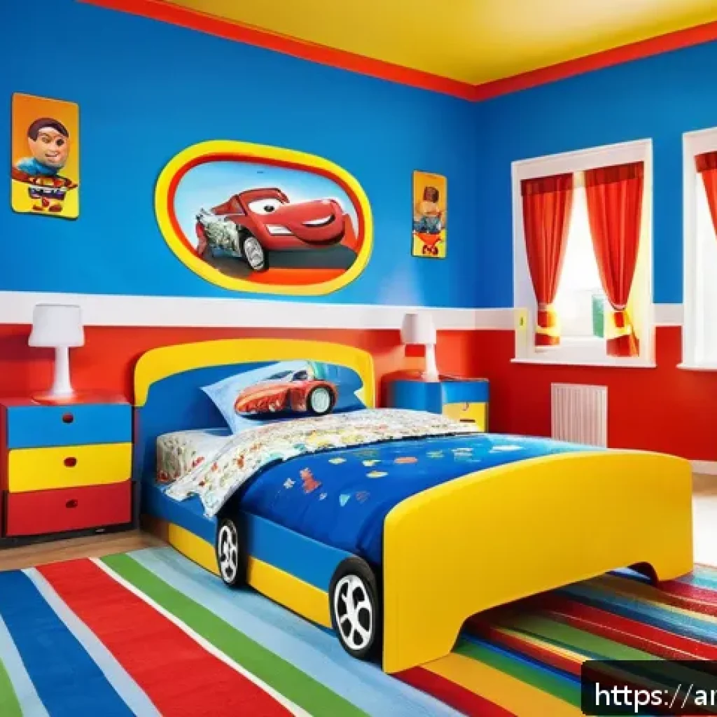 로보카폴리 팬아트 - A vibrant and playful children's bedroom inspired by Robocar Poli, featuring walls painted in bright...