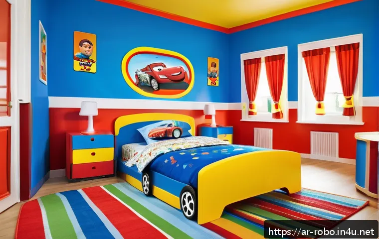 로보카폴리 팬아트 - A vibrant and playful children's bedroom inspired by Robocar Poli, featuring walls painted in bright...