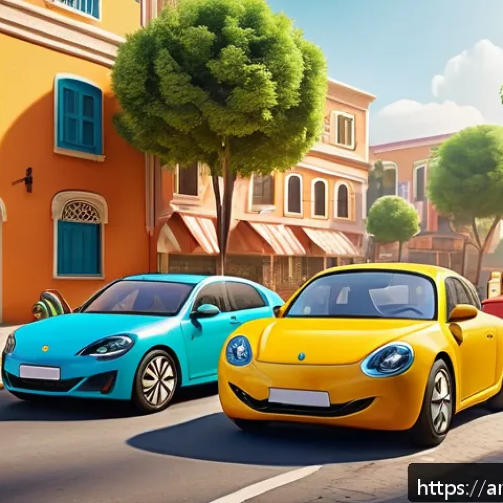 로보카폴리 책 시리즈 - A colorful, engaging scene featuring friendly animated cars with expressive eyes and smiling faces, ...
