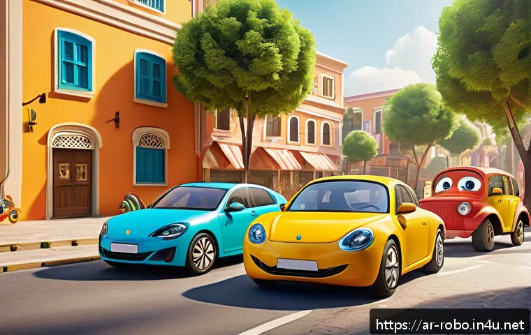 로보카폴리 책 시리즈 - A colorful, engaging scene featuring friendly animated cars with expressive eyes and smiling faces, ...