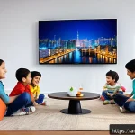 Home 21 로보카폴리와 한국 애니메이션 - A vibrant and colorful scene showing Arab children sitting together in a cozy living room, watching ...
