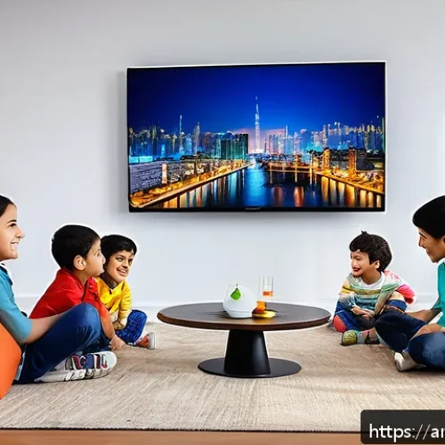 Home 33 로보카폴리와 한국 애니메이션 - A vibrant and colorful scene showing Arab children sitting together in a cozy living room, watching ...