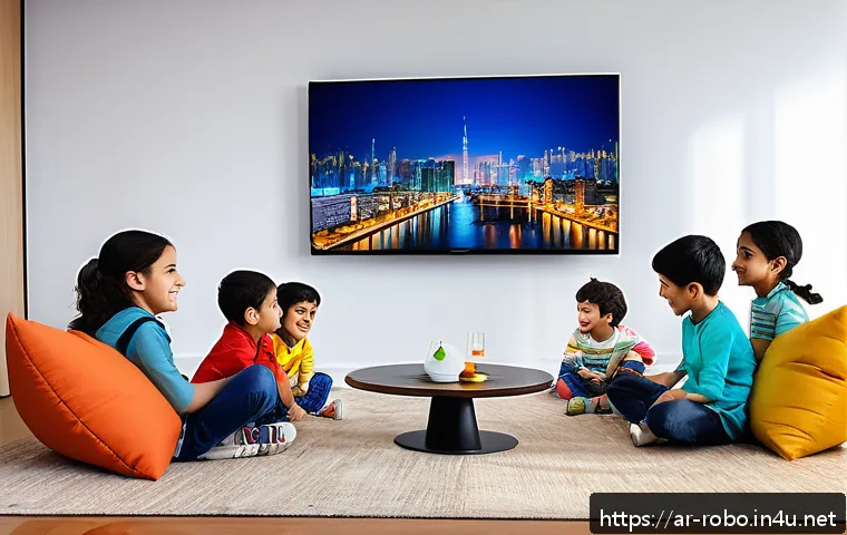 로보카폴리와 한국 애니메이션 - A vibrant and colorful scene showing Arab children sitting together in a cozy living room, watching ...