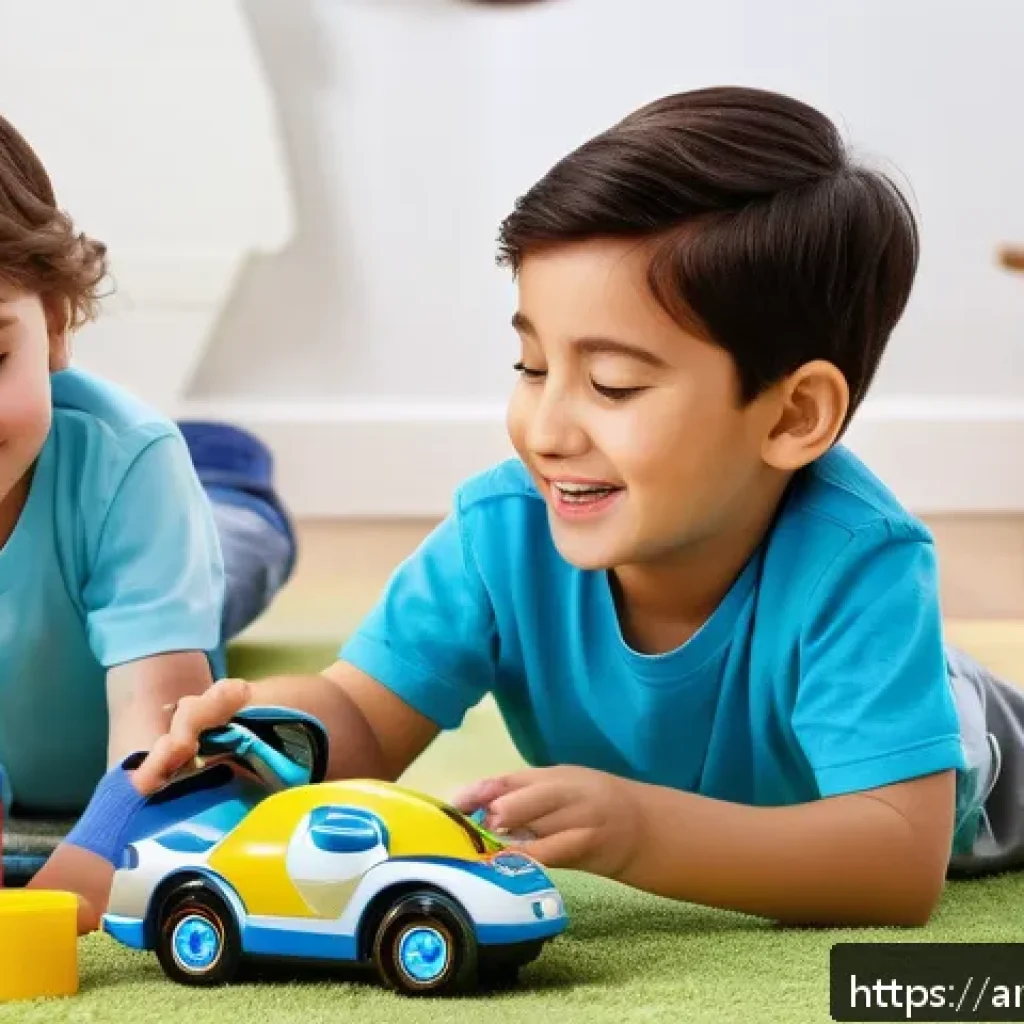 로보카폴리 장난감 트렌드 - A vibrant and detailed scene showing a group of children aged 3 to 7 playing with colorful Robocar P...