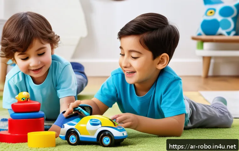 로보카폴리 장난감 트렌드 - A vibrant and detailed scene showing a group of children aged 3 to 7 playing with colorful Robocar P...
