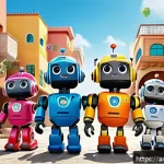 Home 18 로보카폴리 상품화 전략 - A vibrant, colorful scene featuring a group of friendly cartoon robot characters from Robocar Poli, ...