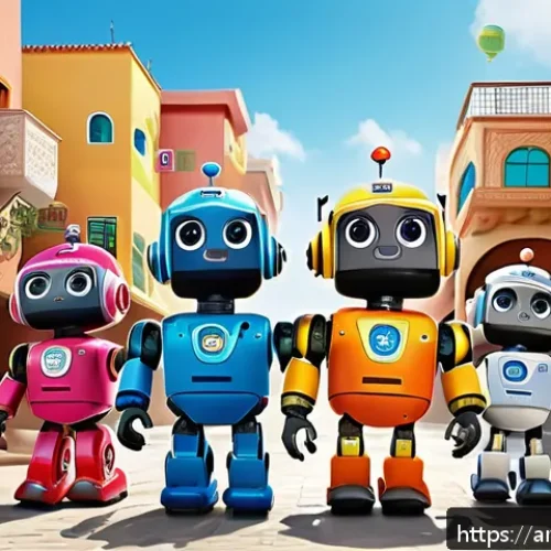Home 30 로보카폴리 상품화 전략 - A vibrant, colorful scene featuring a group of friendly cartoon robot characters from Robocar Poli, ...