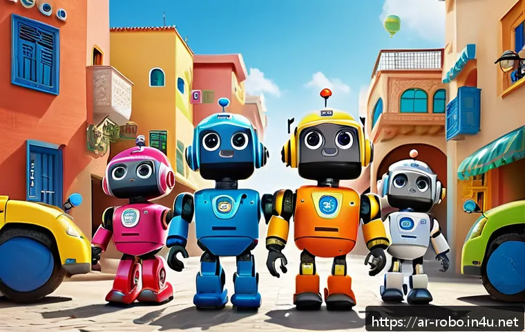 로보카폴리 상품화 전략 - A vibrant, colorful scene featuring a group of friendly cartoon robot characters from Robocar Poli, ...