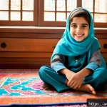 Home 23 로보카폴리 색칠공부 - A joyful Arab child wearing a colorful traditional thobe and a bright hijab, sitting cross-legged on...