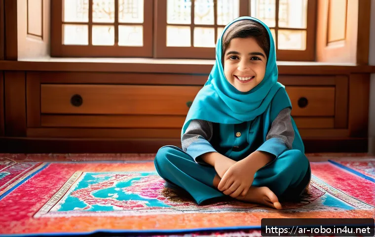 로보카폴리 색칠공부 - A joyful Arab child wearing a colorful traditional thobe and a bright hijab, sitting cross-legged on...