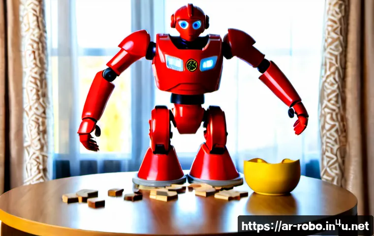 로보카폴리 로이 장난감 - Photorealistic red fire-rescue robot toy with friendly rounded features, standing on a clean wooden ...