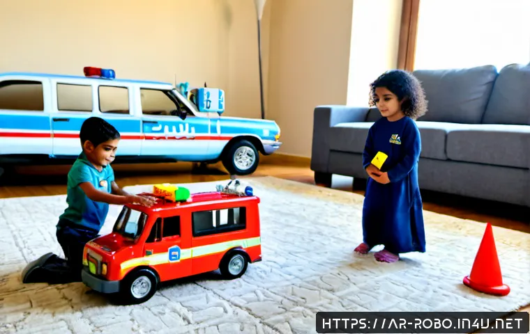 로보카폴리와 아이들의 놀이 방식 - Photorealistic Arab children in modest casual clothing playing on a sunlit living room rug with colo...