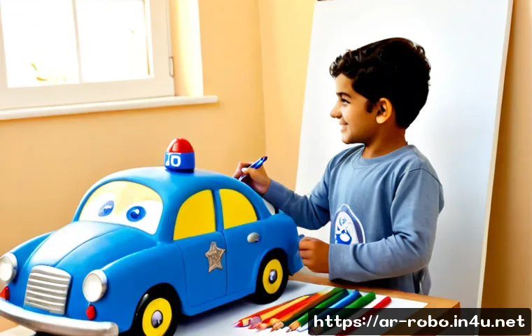 로보카폴리 팬 아트 콘테스트 - Photorealistic scene of a cheerful Arab child wearing modest casual clothes, carefully painting a bl...