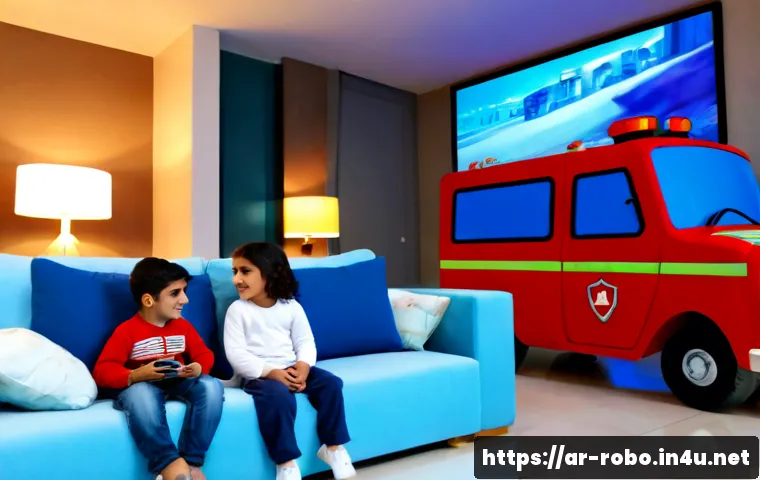 로보카폴리 애니메이션 추천 - Photorealistic cozy living room in a modern Arab family home, two children and their parents sitting...