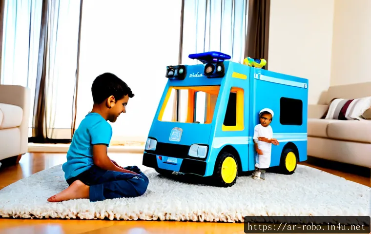 Home 17 로보카폴리와 가족 놀이 - Photorealistic Arab family enjoying a robot rescue-car themed playtime in a bright modern living roo...