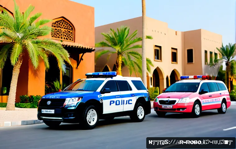 로보카폴리의 대표적인 캐릭터 - Photorealistic lineup of four friendly anthropomorphic emergency vehicle toys—a blue police car, red...
