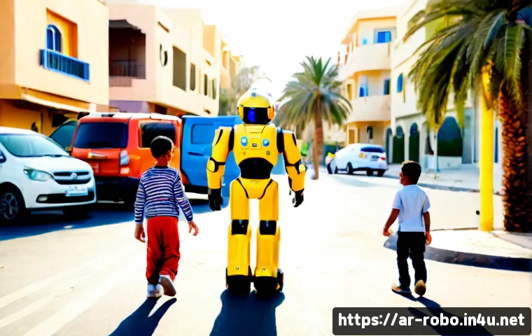 로보카폴리와 사회적 메시지 - Photorealistic family-friendly scene of colorful, non-branded rescue robot vehicles assisting childr...