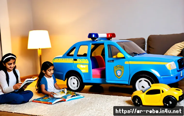 로보카폴리와 어린이 문학 - Photorealistic Arab family reading a colorful children’s storybook about friendly blue police rescue...